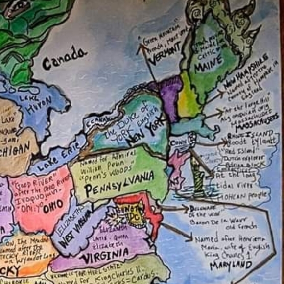 USA Handmade Map cartography painting watercolor pen & ink Earth Day - Picture 15 of 16